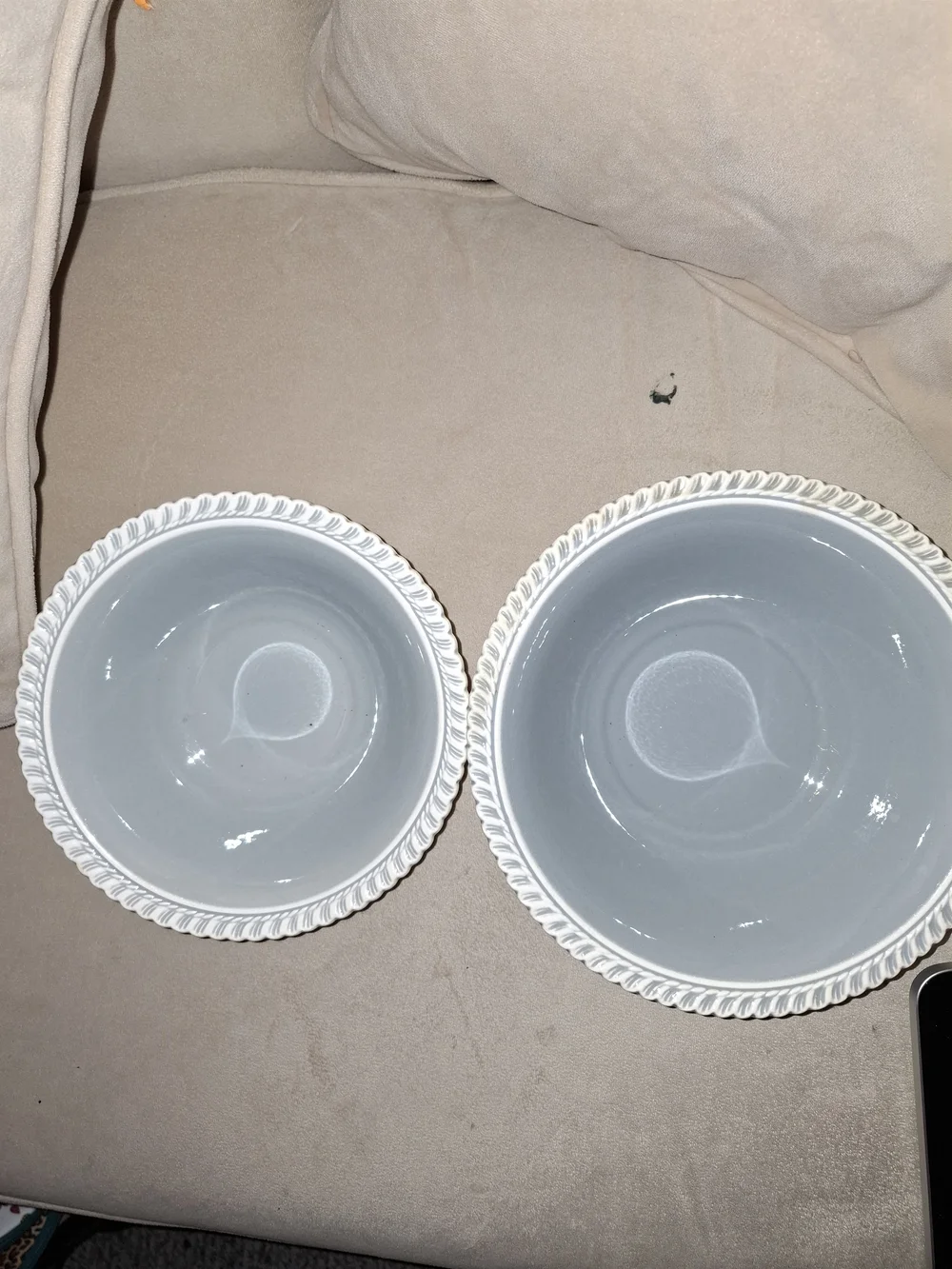 Harkerware Ceramic Serving Bowls in Light Gray with White Rope-Edge Trim